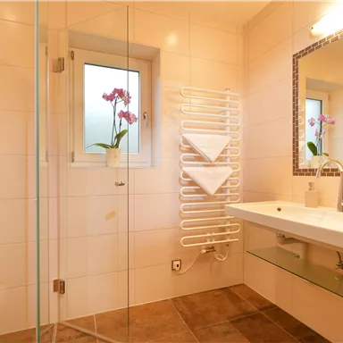 Ein modernes Badezimmer mit einer Dusche und einem großen Spiegel. Auf dem Waschbecken stehen frische Orchideen in einer dekorativen Vase.