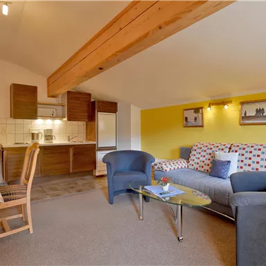 Eine gemütliche Wohnung mit einem hellen Wohnbereich. Die Einrichtung besteht aus einem Sofa, einem Glastisch und einem Esstisch mit Stühlen.