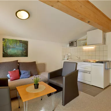 Eine gemütliche Wohnküche mit einer Couch, zwei Stühlen und einem kleinen Tisch. Die Einrichtung ist modern und hell, mit einem Gemälde an der Wand.