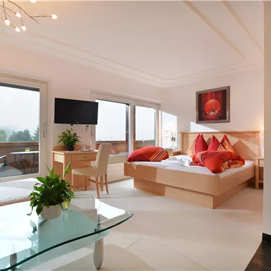 Ein modernes Schlafzimmer mit einem großen Bett und roten Kissen. Große Fenster sorgen für viel Tageslicht und einen Blick auf die Natur.