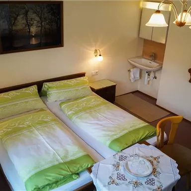 Ein gemütliches Zimmer mit zwei Einzelbetten und grünen Bettdecken. Ein kleiner Tisch mit Geschirr und eine gut beleuchtete Atmosphäre sorgen für eine einladende Stimmung.