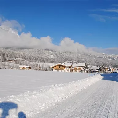 A snowy landscape with a clear blue sky. In the background, houses and mountains can be seen.