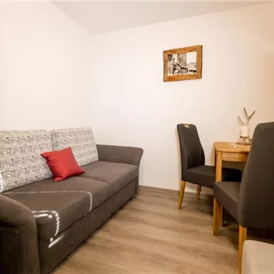 Ein gemütlicher Wohnbereich mit einem grauen Sofa und einem roten Kissen. Am Tisch in der Ecke stehen zwei Stühle und eine dekorative Pflanze.