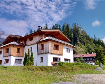 A charming alpine-style house, surrounded by green meadows and trees. The sky is clear and the surroundings feel peaceful and inviting.