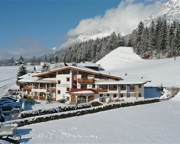 A beautiful hotel in the Alps, surrounded by snow-capped mountains. The landscape is wintry and picturesque.