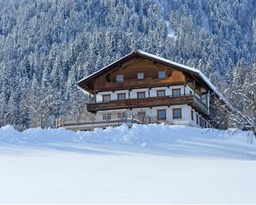 Ein charmantes Holzhaus in einer verschneiten Landschaft. Umgeben von schneebedeckten Bäumen und Bergen.