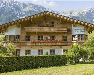 Ein schönes Holzhaus mit Balkonen und blühenden Blumenkästen. Die Umgebung ist von grünen Wiesen und Bergen umgeben.