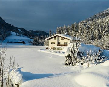 Eine verschneite Landschaft mit einem Haus und hohen Bäumen im Hintergrund. Der Himmel ist bewölkt und die Schneeoberfläche ist unberührt.