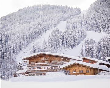 A cozy hotel in the midst of a snowy mountain landscape. The surroundings are adorned with tall, snow-covered fir trees.