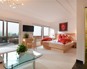 Ein modernes Schlafzimmer mit einem großen Bett und roten Kissen. Große Fenster sorgen für viel Tageslicht und einen Blick auf die Natur.